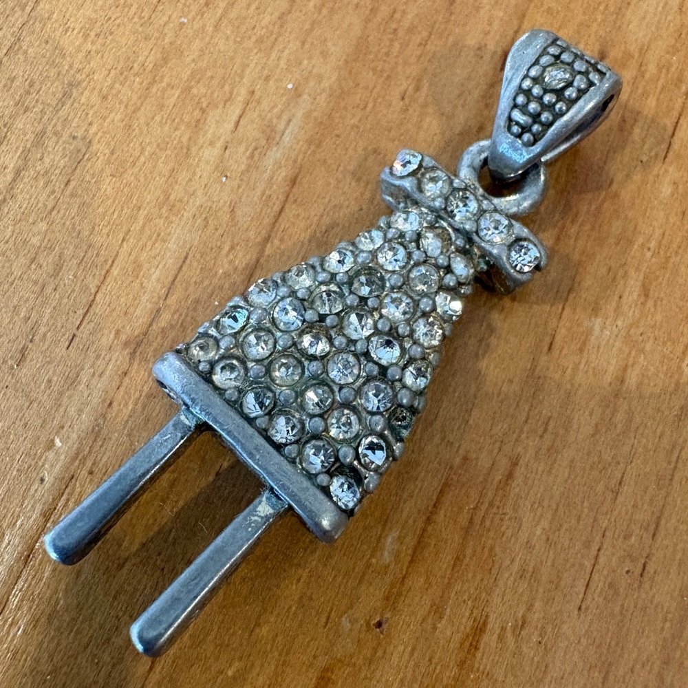 Vintage Rhinestone Electric Plug Pendant – Silver Tone Pavé Novelty Charm - Picture 9 of 10
